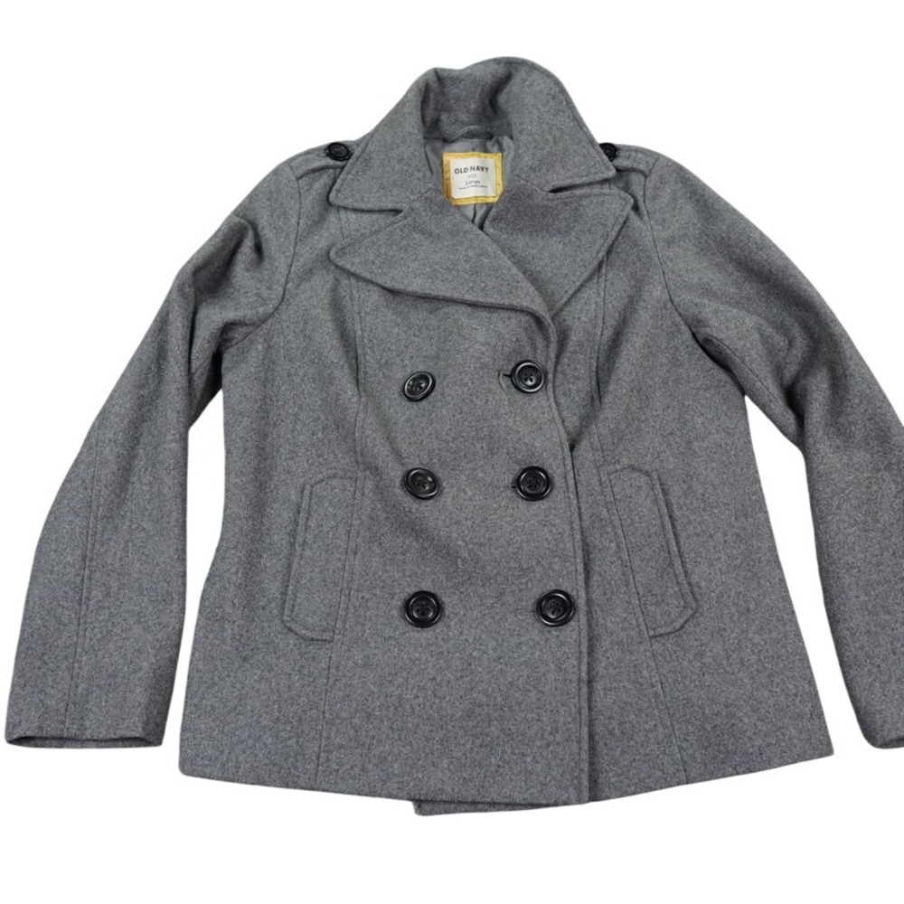 Old Navy Peacoat Women Large Gray Recycled Wool Blend Double Breasted Jacket